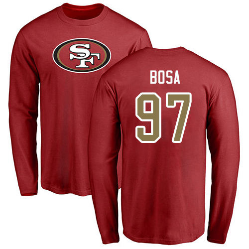 Men San Francisco 49ers Red Nick Bosa Name and Number Logo #97 Long Sleeve NFL T Shirt->san francisco 49ers->NFL Jersey